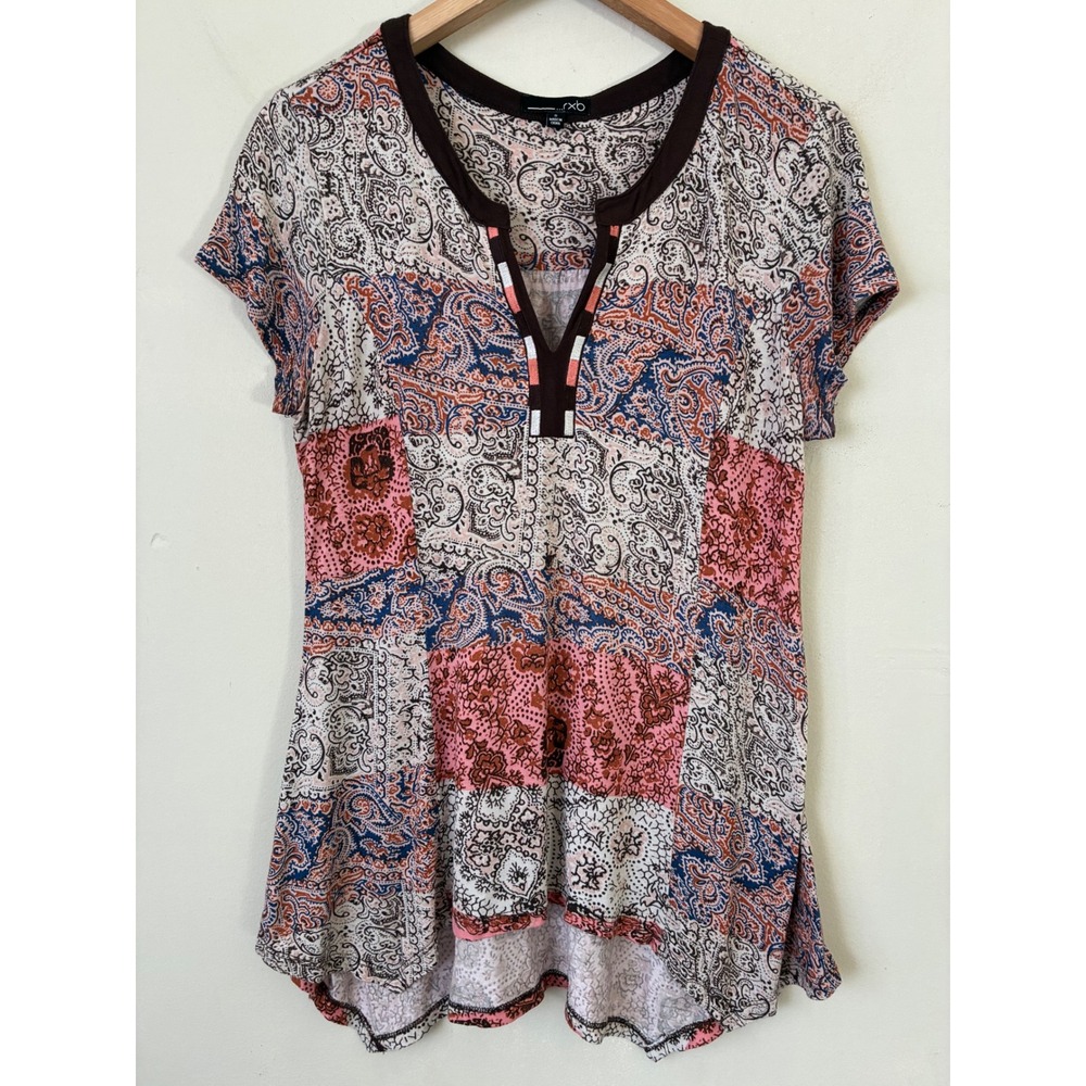 RXB Babydoll Pink Blue Paisley Patchwork Split Neck Rayon Tunic Top Small